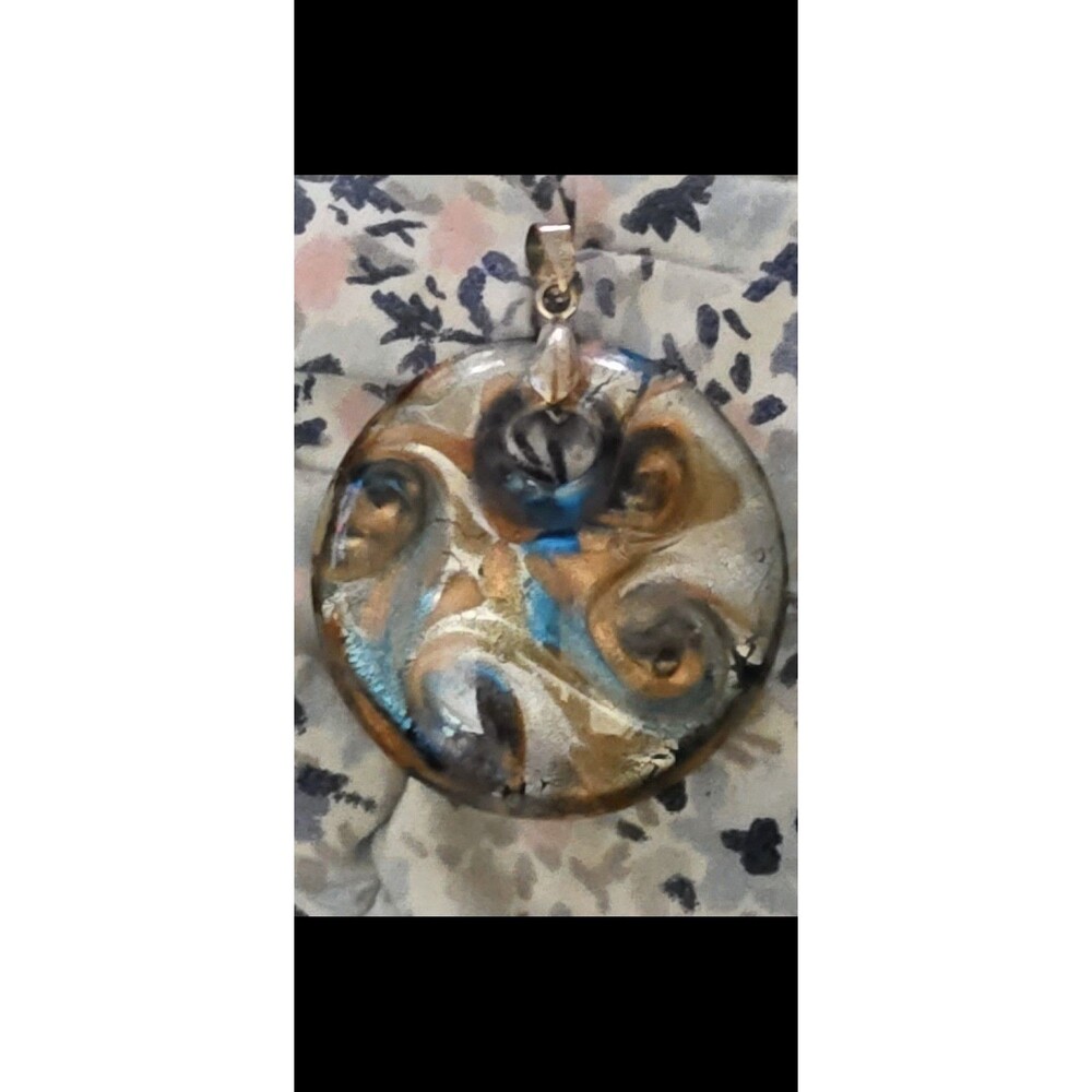 Vintage Murano Style Art Glass Round Pendant Gold Aventurine Cobalt Blue Swirl
